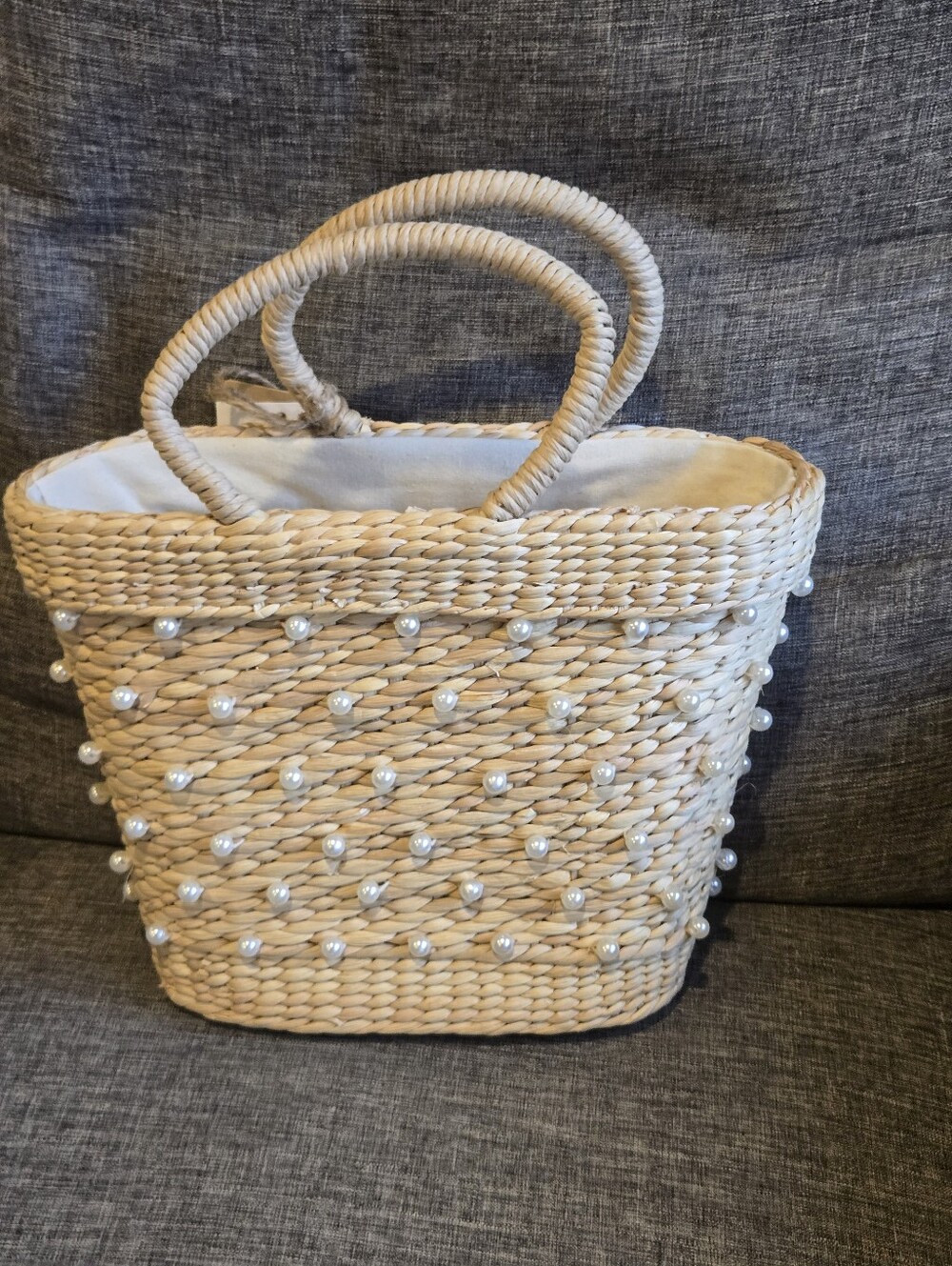 Woven Straw Tote Bag with Pearls - Natural